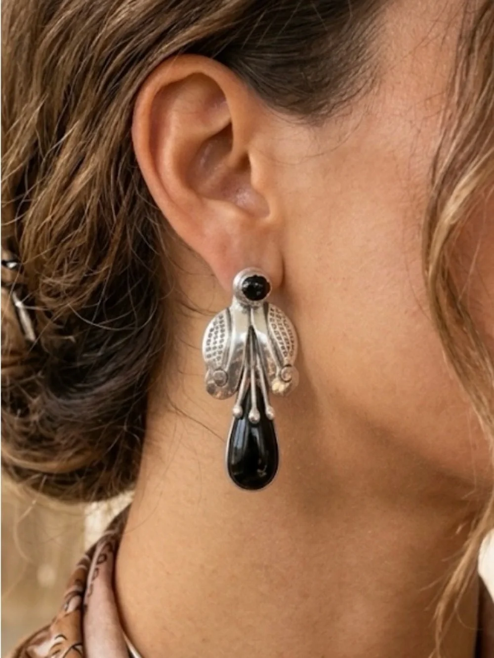Vintage Taxco Sterling Silver Black Onyx Jacket Earrings 2 in 1 Convertible - Picture 1 of 10